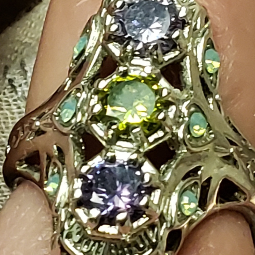 💜💚 Silver Ring Sz 8 Amethyst, Peridot & Opal